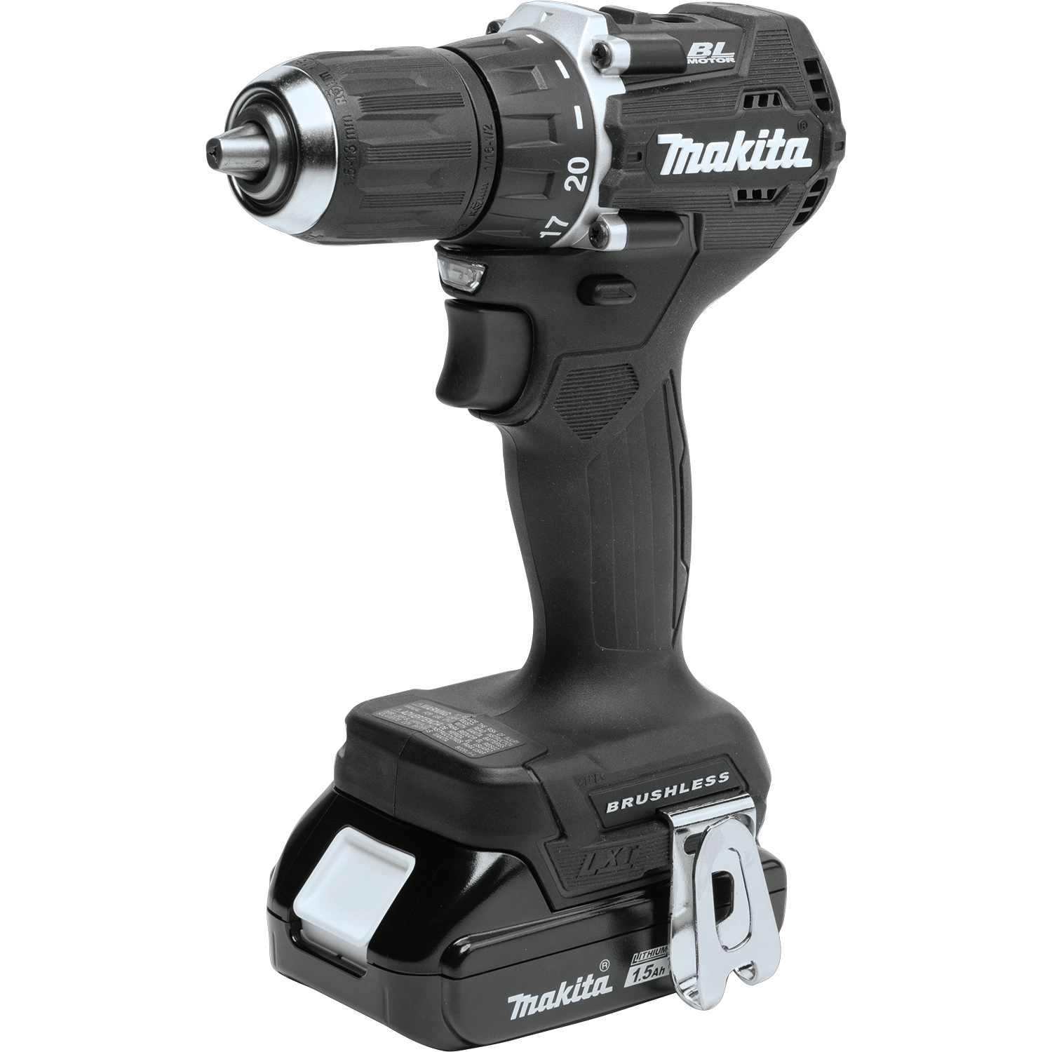 alternate angle of makita 18v lxt sub-compact driver-drill showing brushless motor housing
