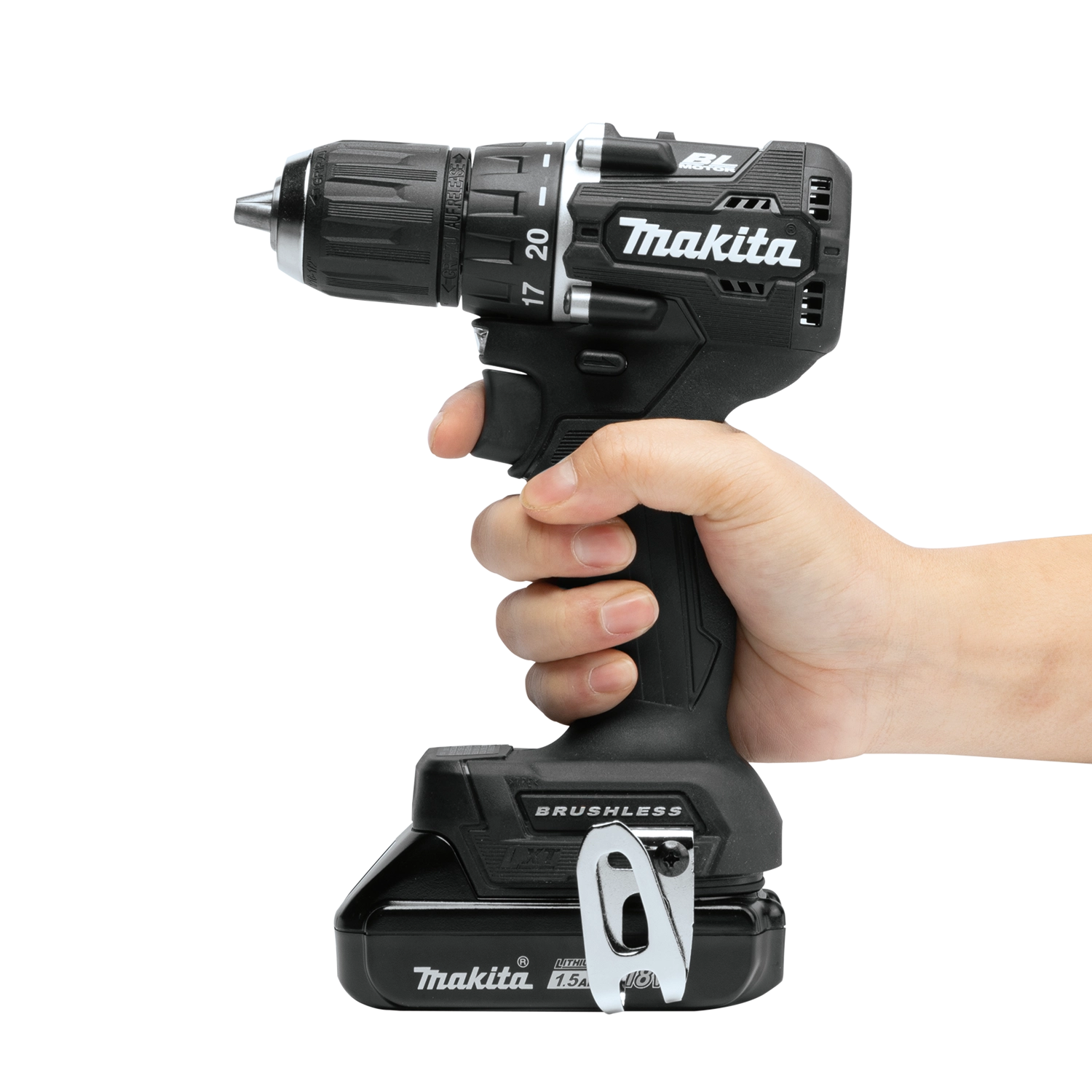 alternate side view of makita 18v lxt sub-compact driver-drill with belt clip
