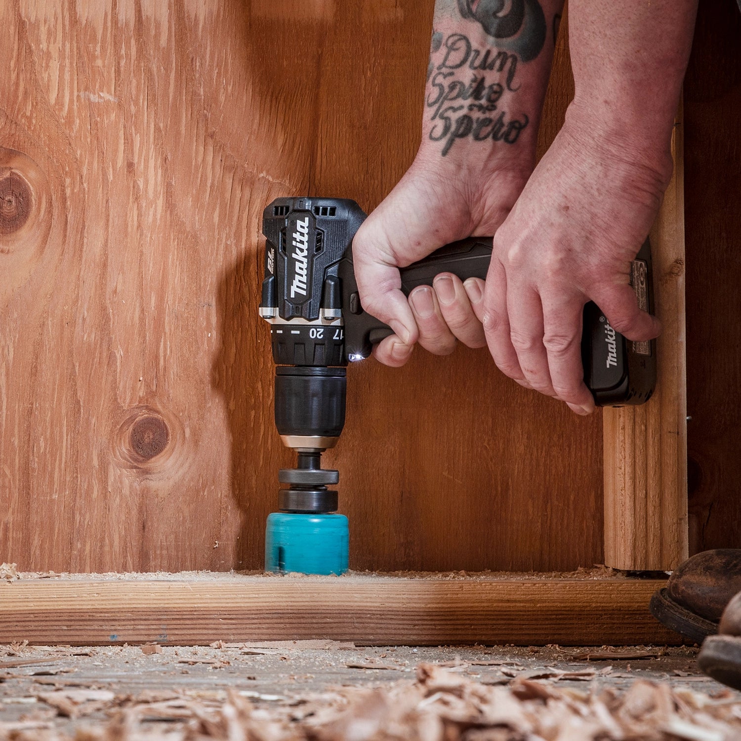 drilling downward with makita 18v lxt sub-compact drill for overhead installation
