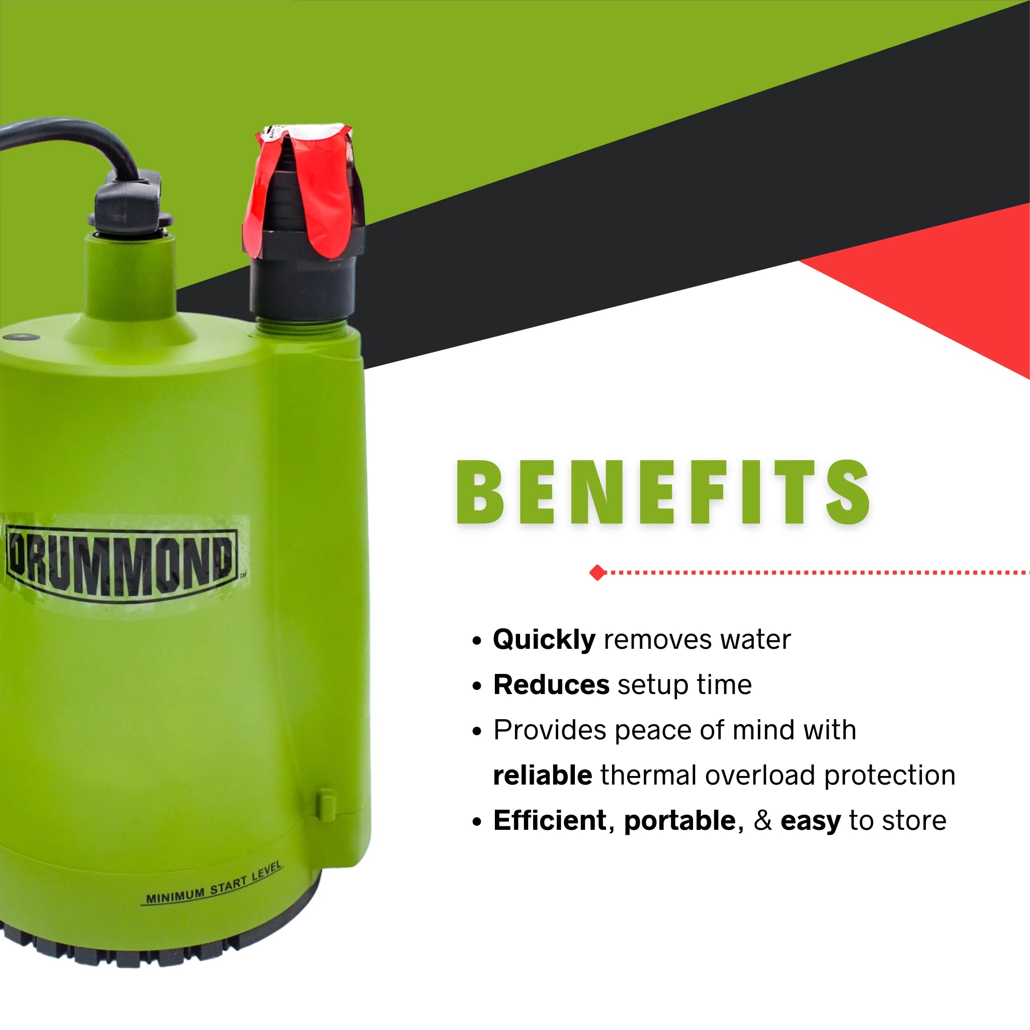 drummond pump benefits shown including portability and high capacity
