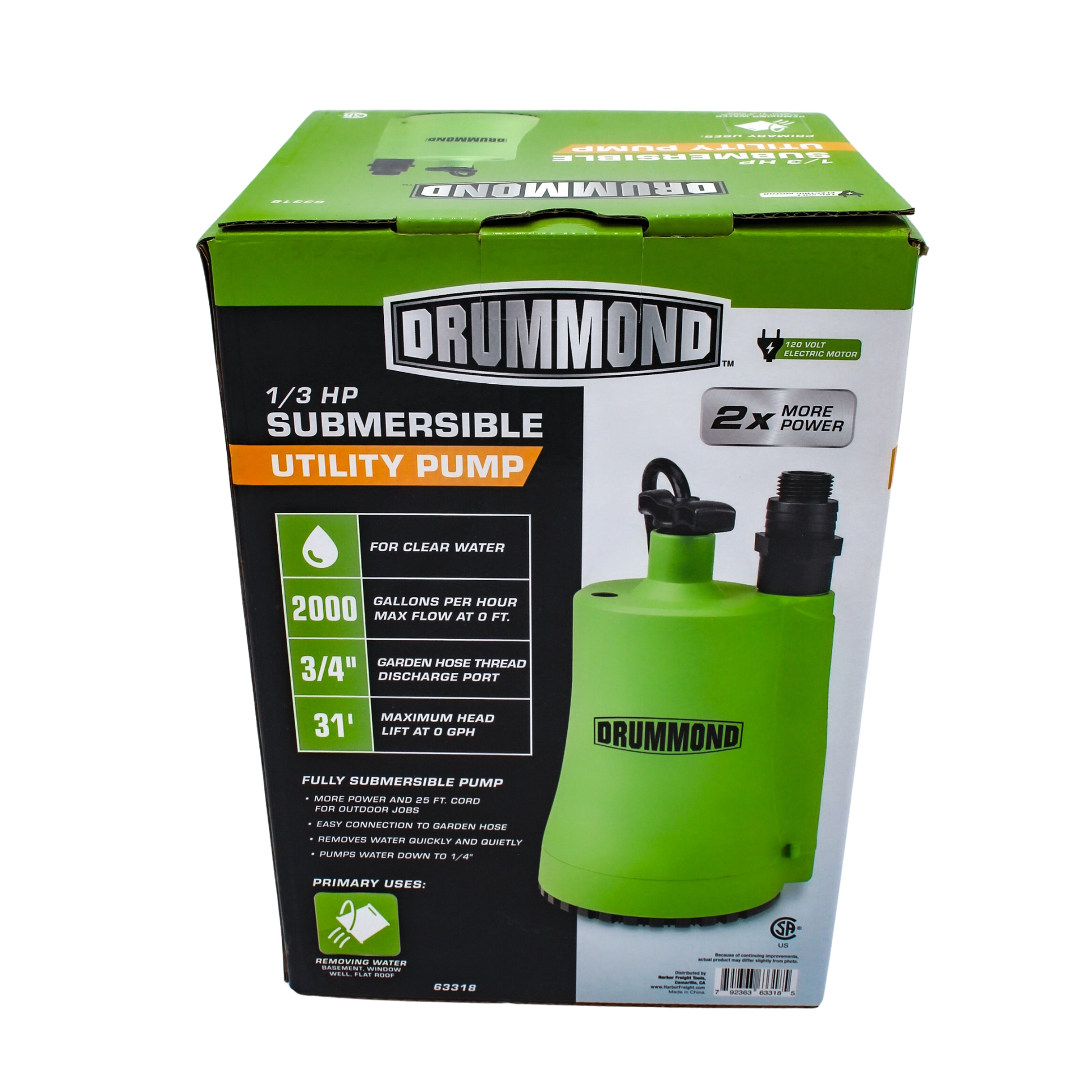 back of box highlighting utility pump benefits and branding
