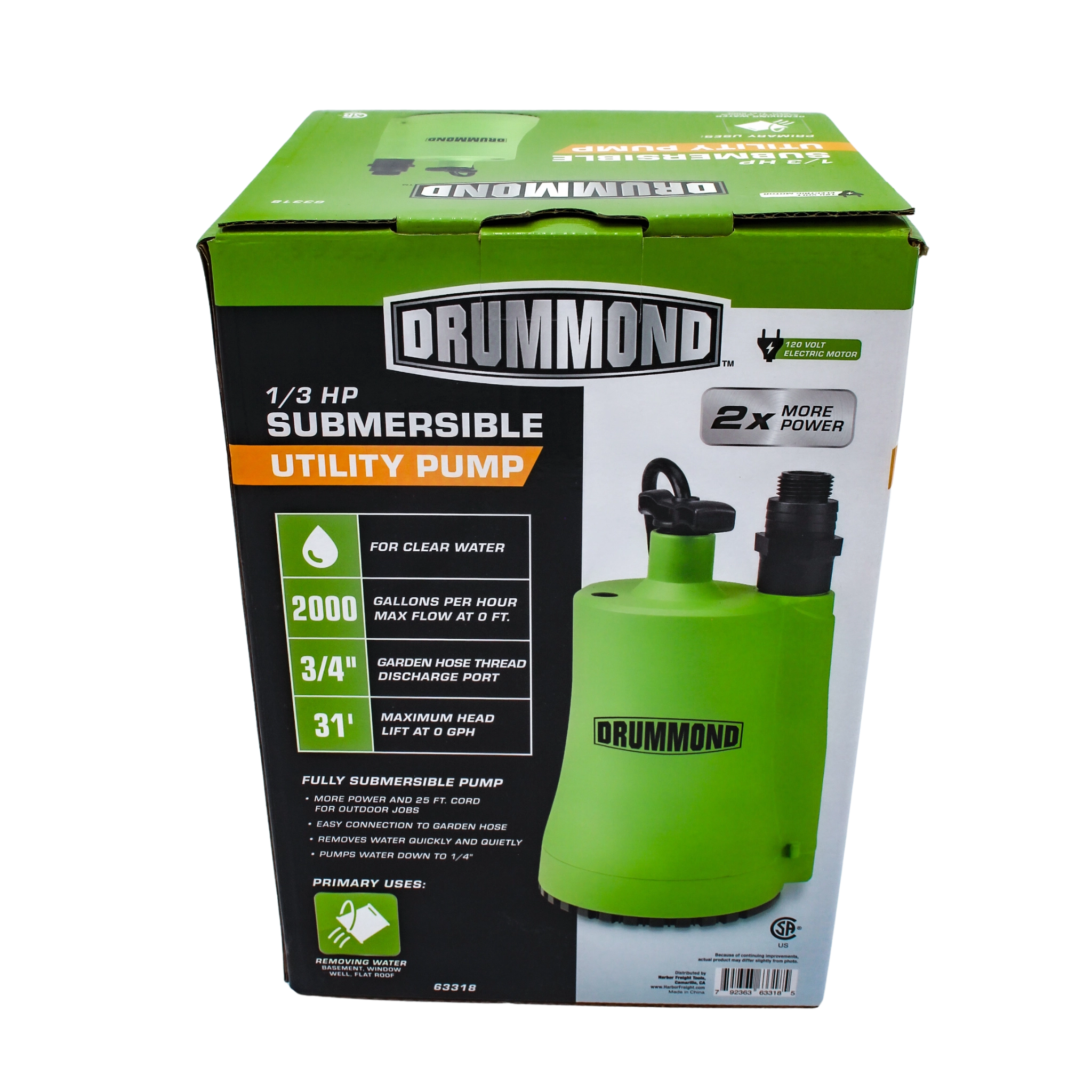 back of box highlighting utility pump benefits and branding
