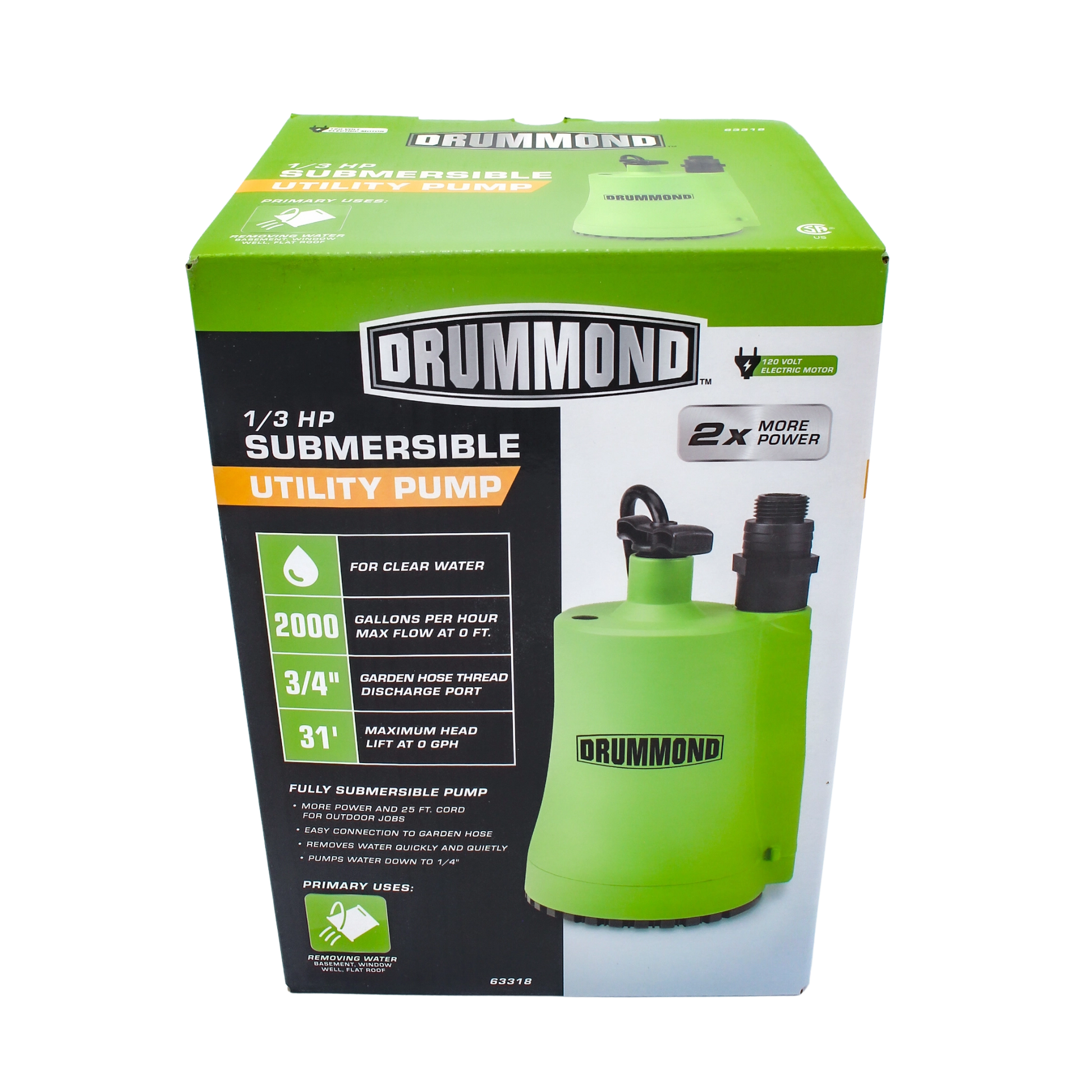 front of product box showing drummond branding and specs
