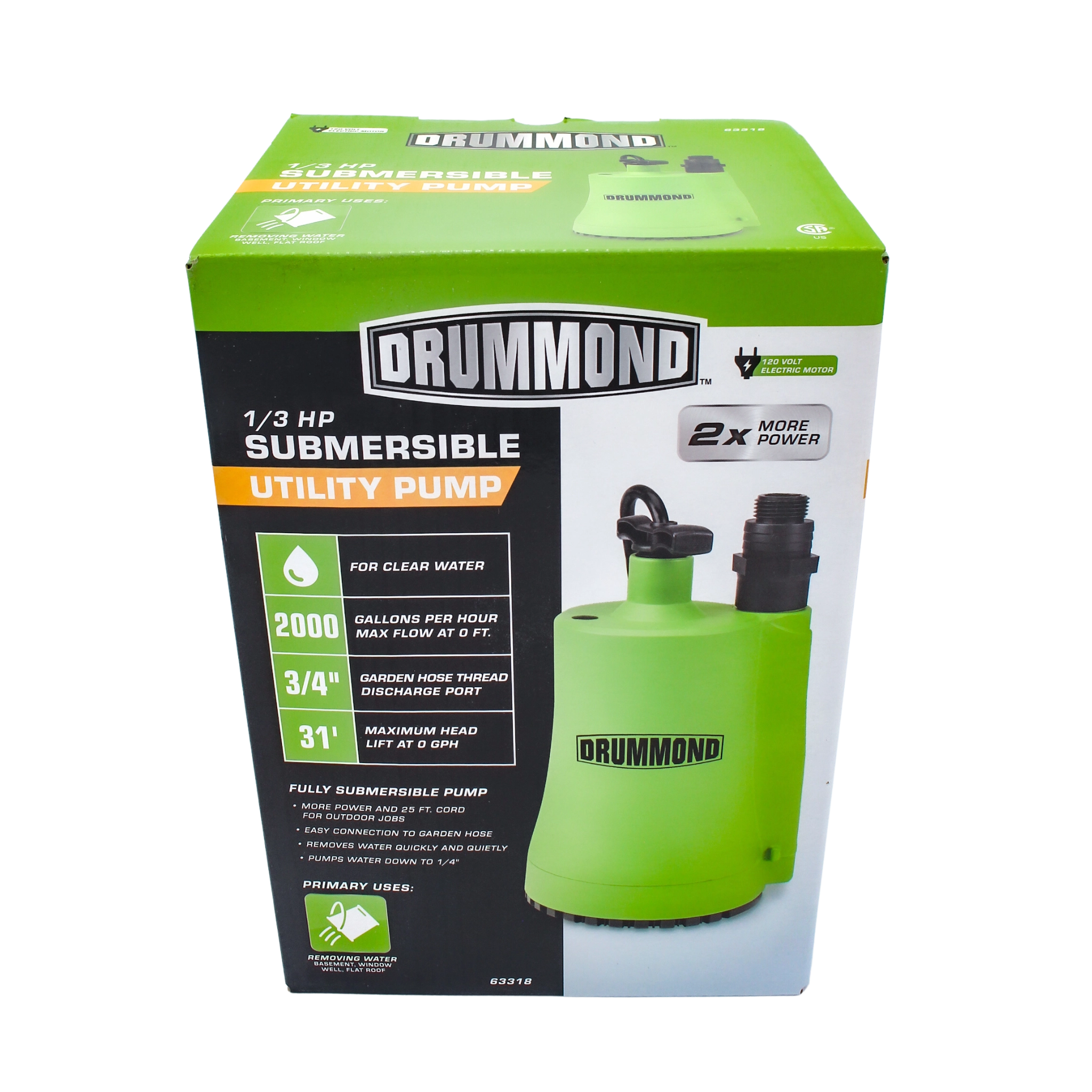 front of product box showing drummond branding and specs
