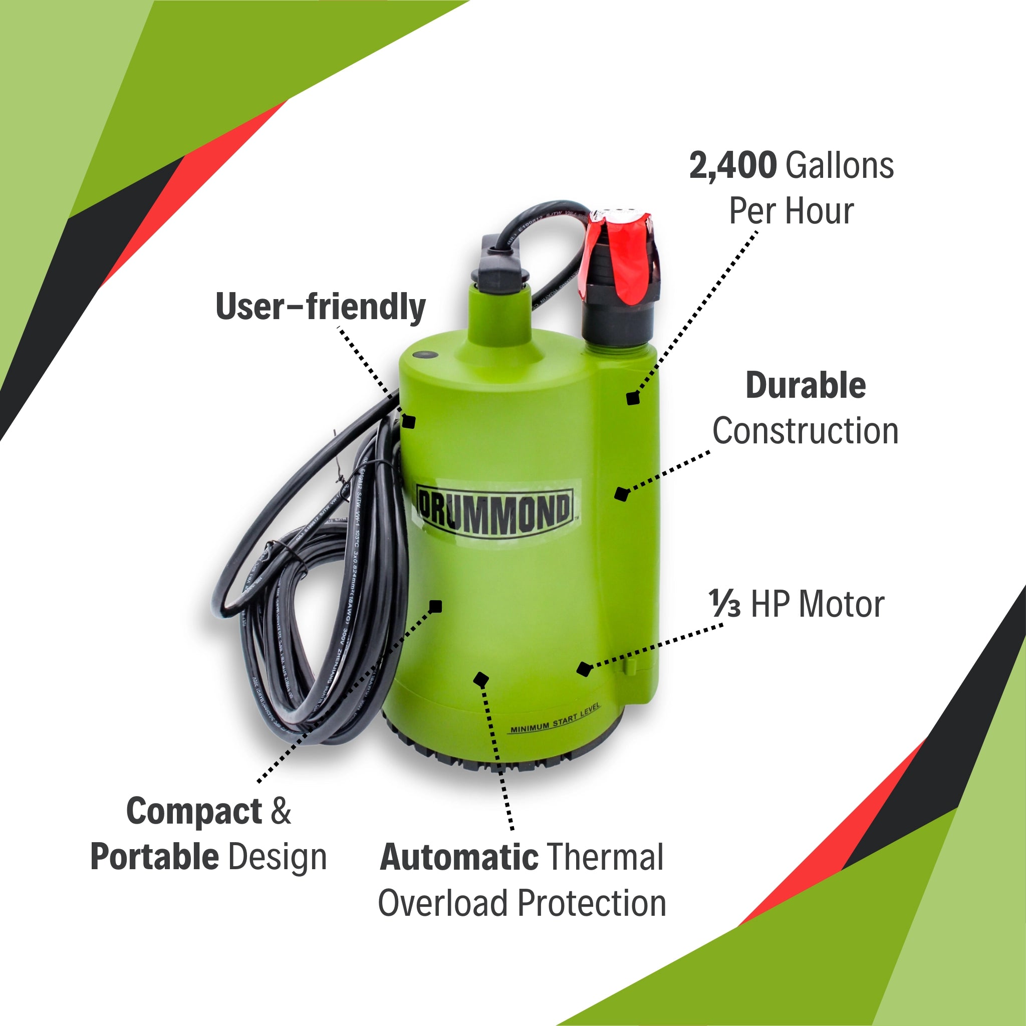 drummond submersible utility pump showing key features and label highlights
