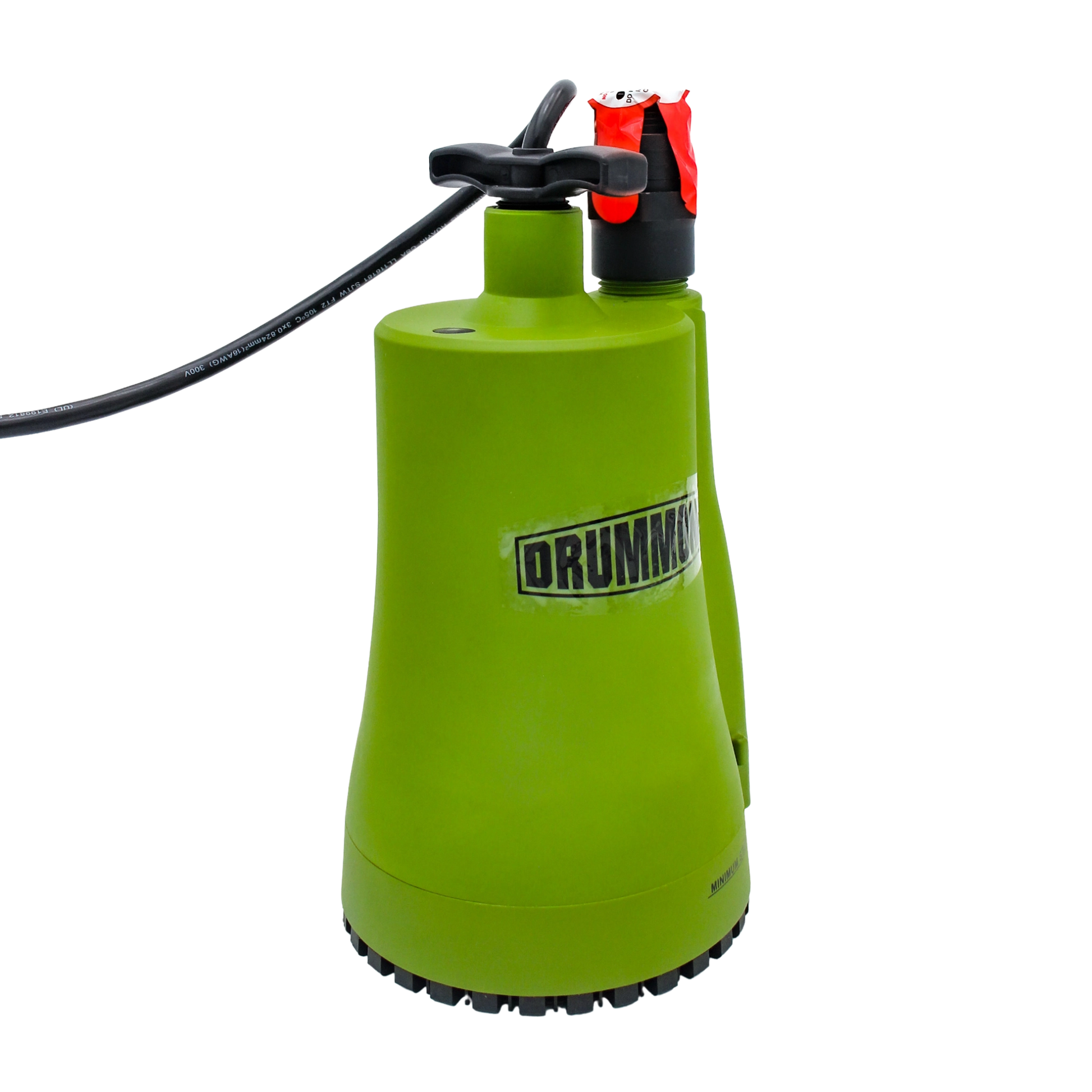 left front angle of utility pump showing base and label area
