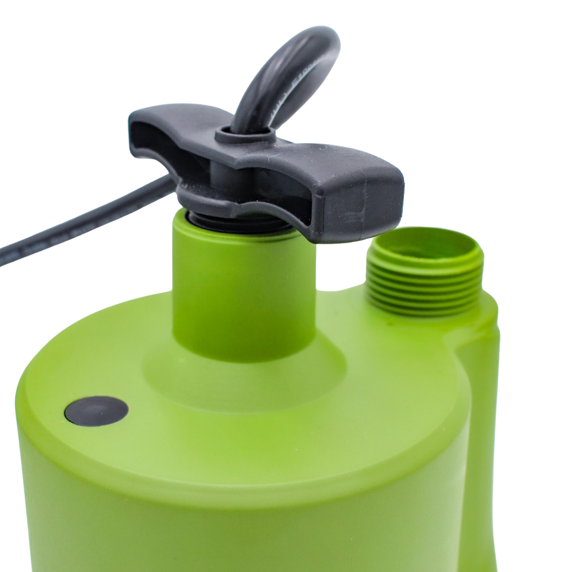 close-up of pump motor housing and embossed pump branding

