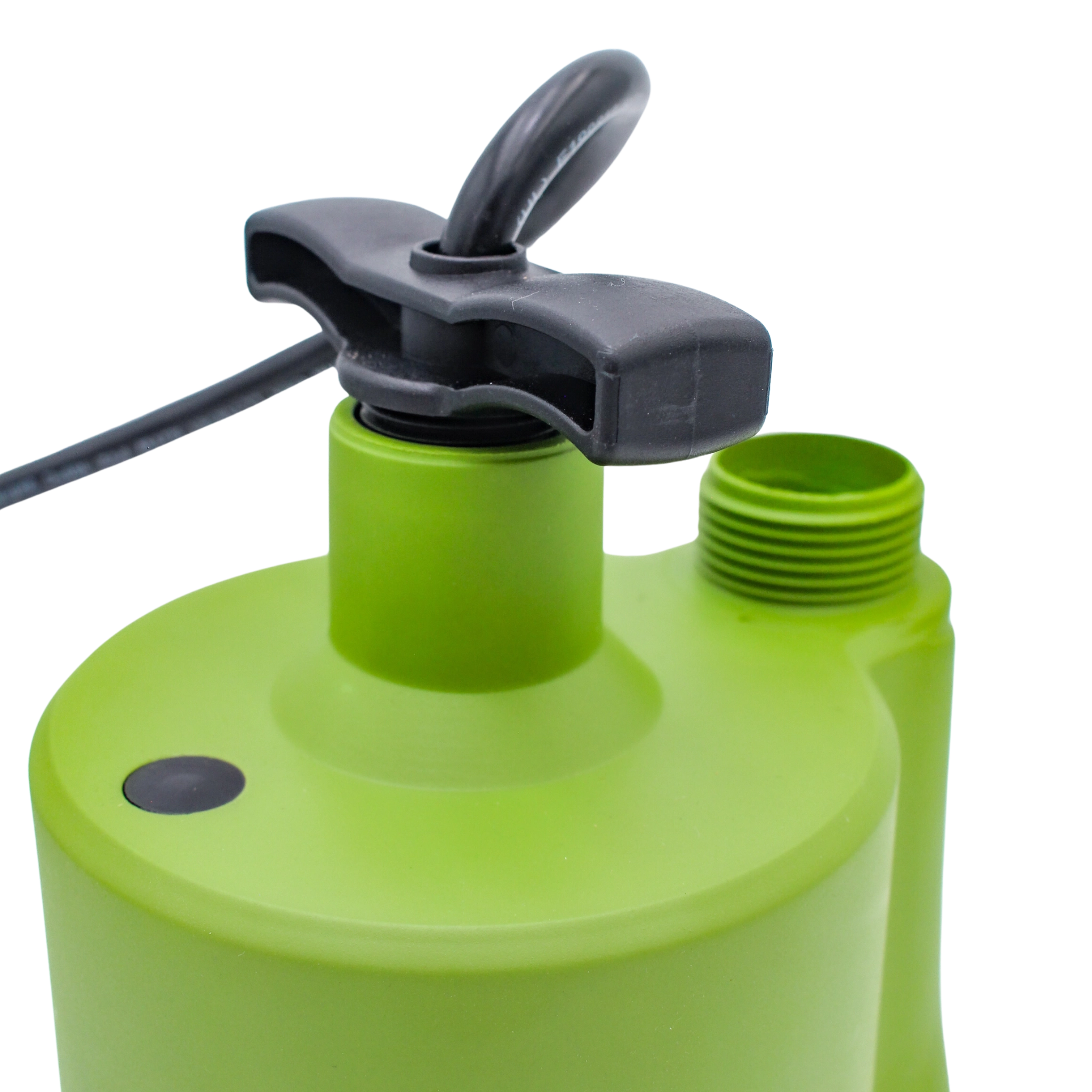 close-up of pump motor housing and embossed pump branding
