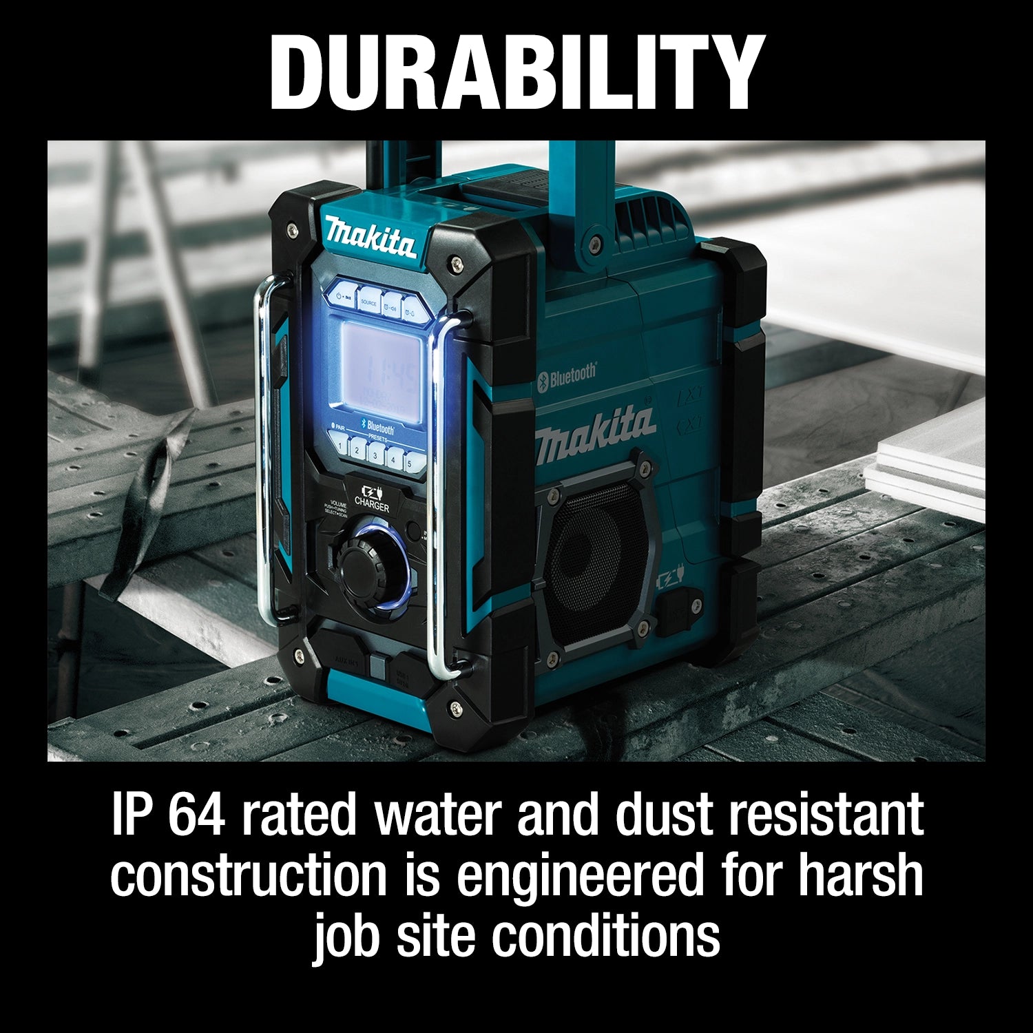 makita 18v lxt radio charger showcasing durability with rugged bumpers and ip64 rating
