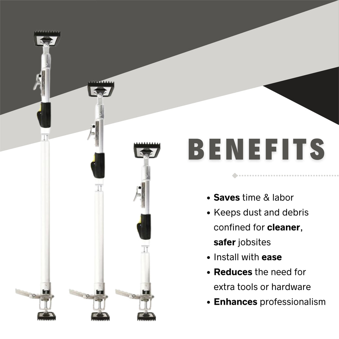 Benefits graphic highlighting E-Z UP pole advantages like dust control, fast setup, and tool-free use
