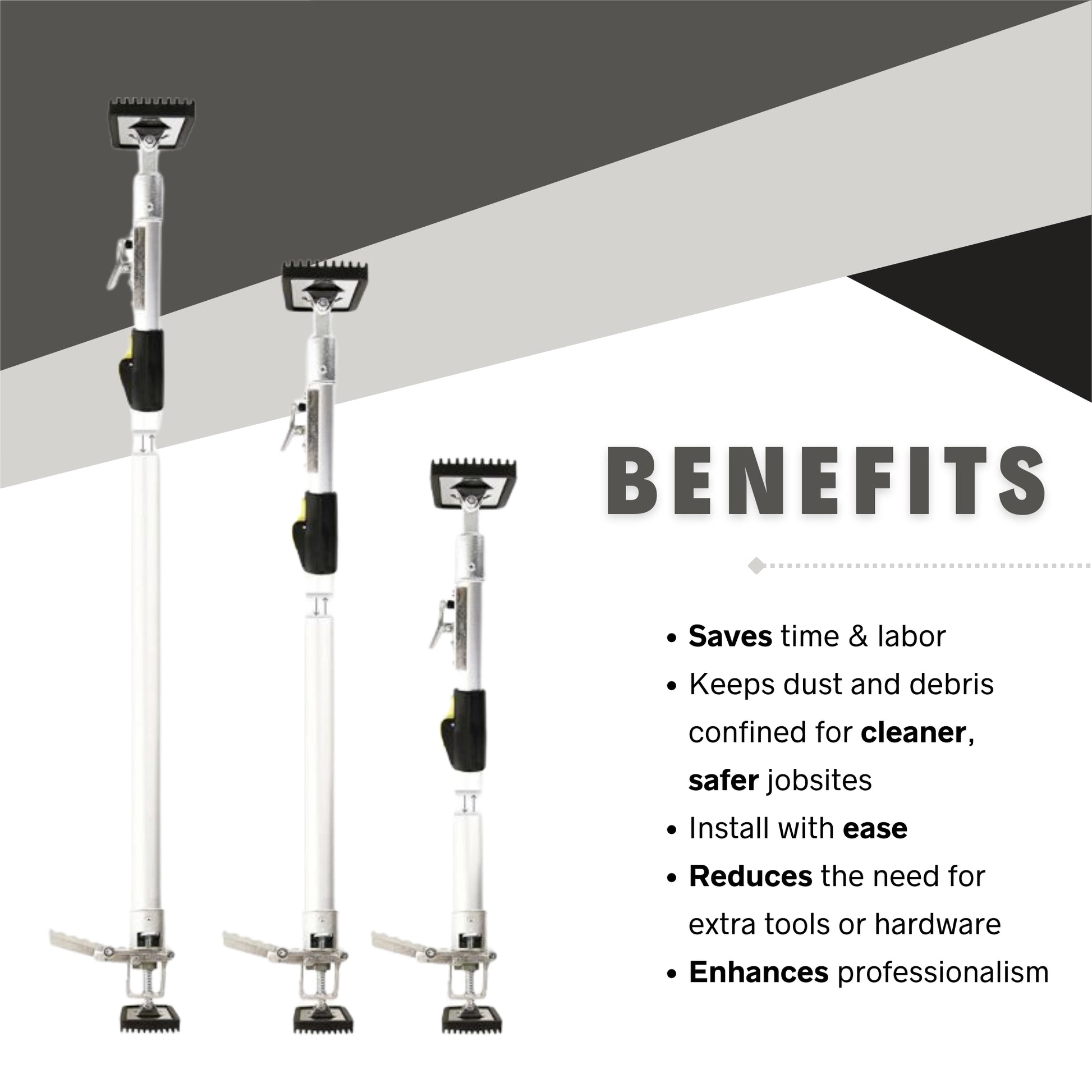 Benefits graphic highlighting E-Z UP pole advantages like dust control, fast setup, and tool-free use

