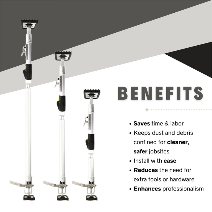 Benefits graphic highlighting E-Z UP pole advantages like dust control, fast setup, and tool-free use
