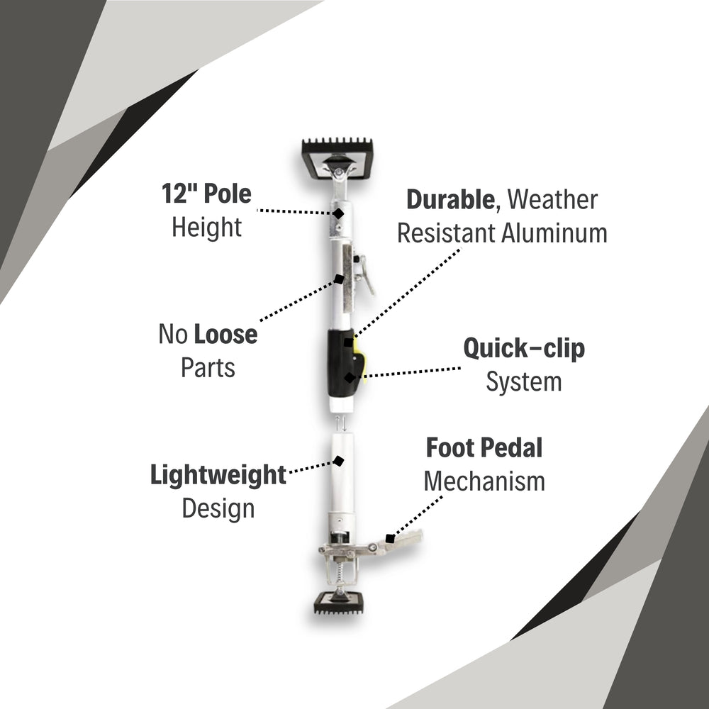 E-Z UP 12-foot support poles with labeled features including foot pedal, top plate, and quick-clip system
