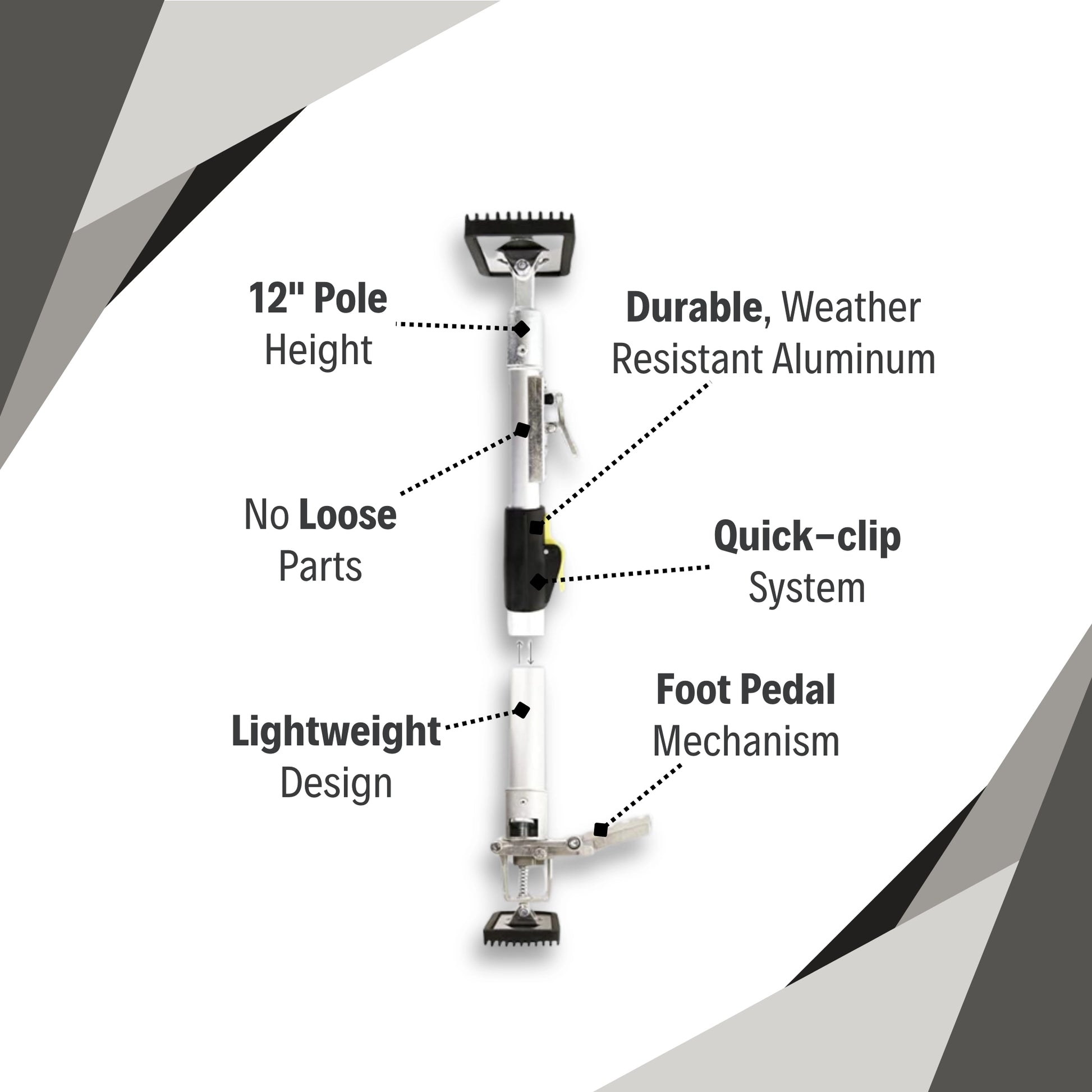 E-Z UP 12-foot support poles with labeled features including foot pedal, top plate, and quick-clip system
