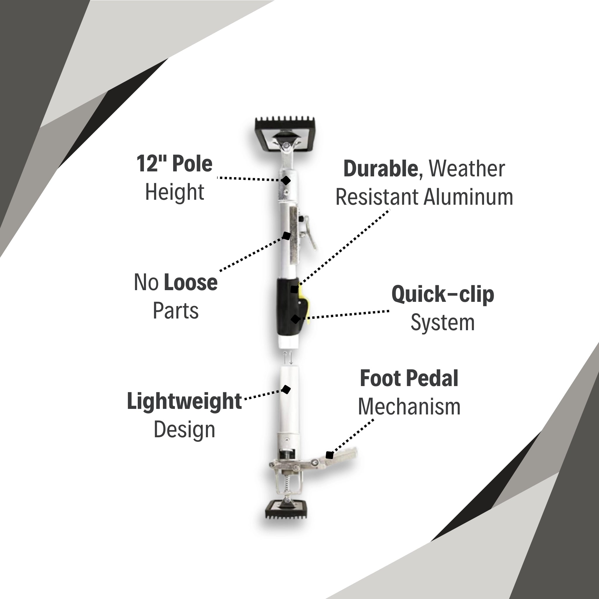 E-Z UP 12-foot support poles with labeled features including foot pedal, top plate, and quick-clip system
