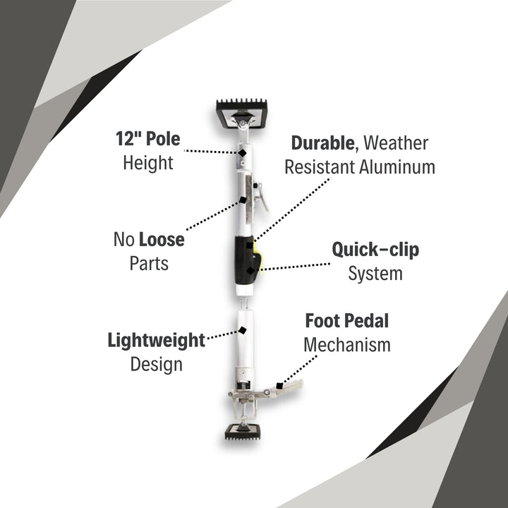 E-Z UP 12-foot support poles with labeled features including foot pedal, top plate, and quick-clip system
