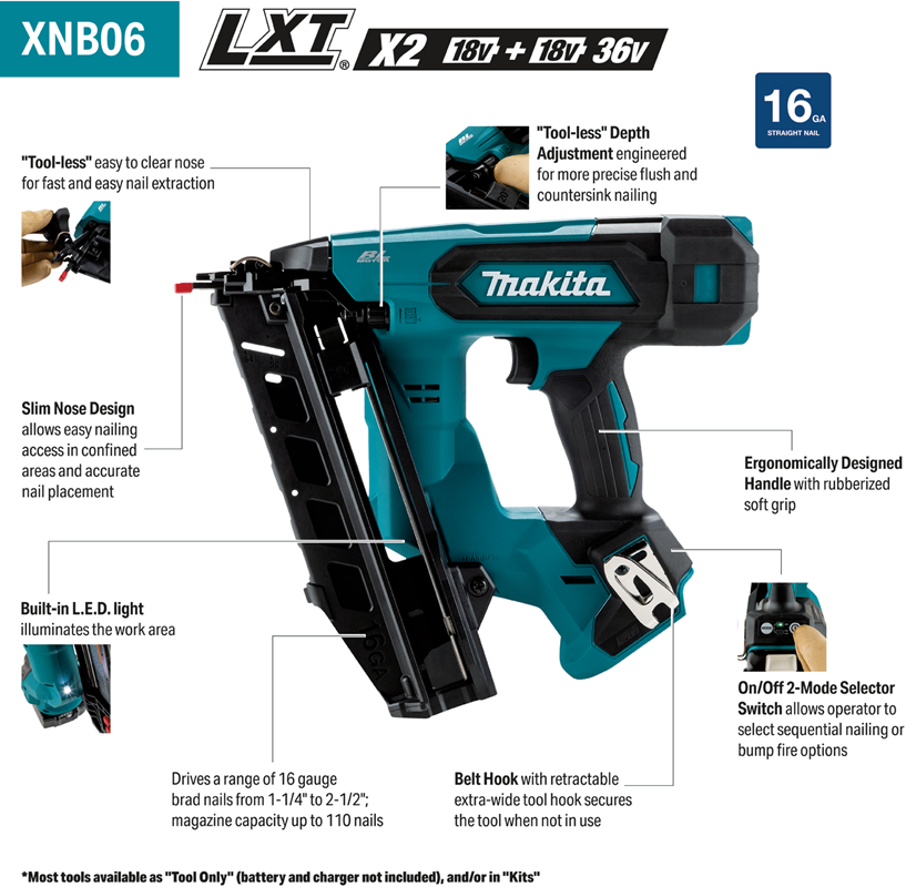 18V LXT® Lithium‑Ion Brushless Cordless 2‑1/2” Angled Finish Nailer, 16 Ga., Tool Only