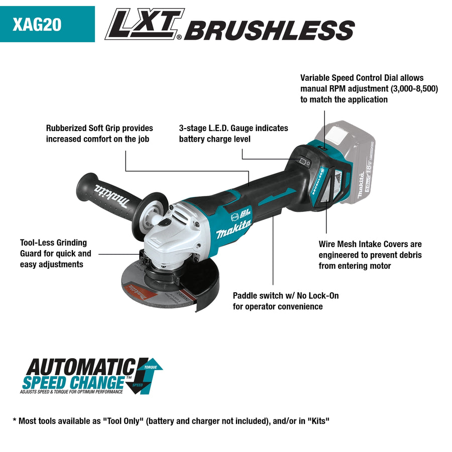 makita 18v lxt 5 inch grinder features brushless motor electric brake aft and xpt technology
