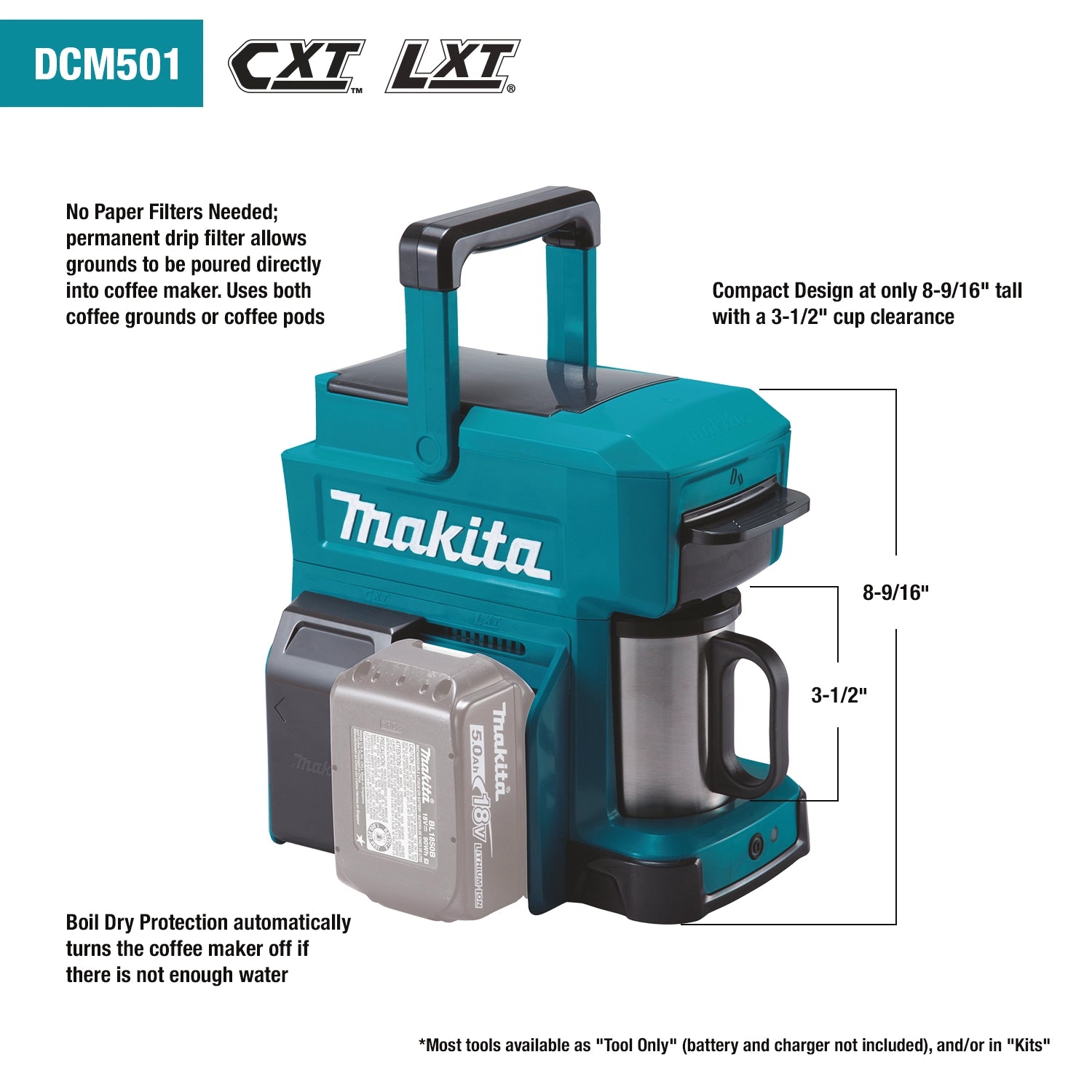 makita cordless coffee maker features overview with measurements and components
