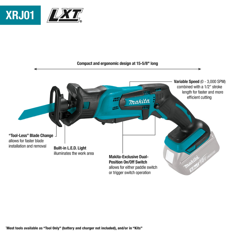 key features of makita 18v lxt compact recipro saw including lightweight design and tool-less blade change
