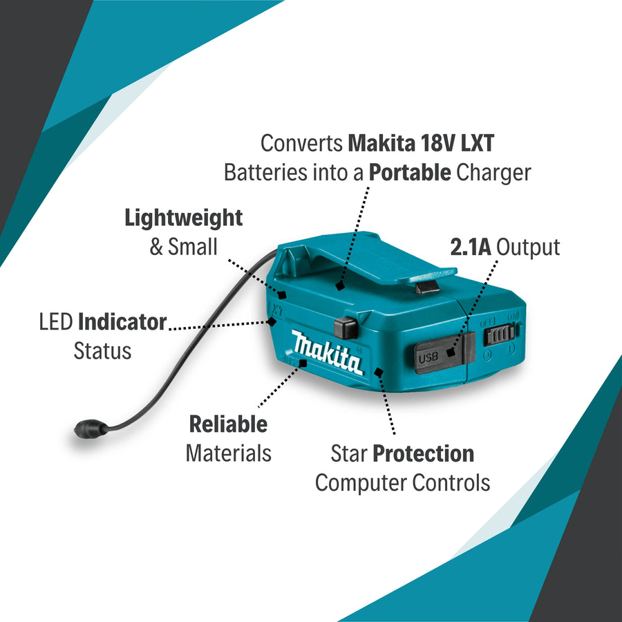key features of makita 18v lxt power source with usb port for charging and portability
