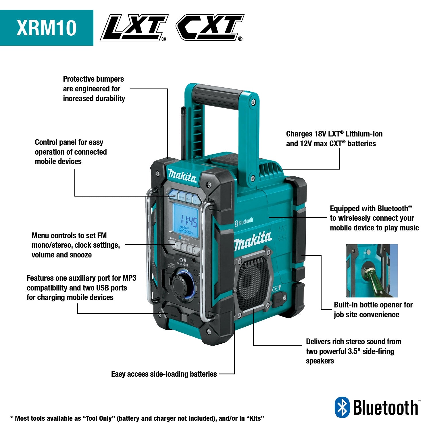 makita 18v lxt radio charger key features including bluetooth and charging capabilities
