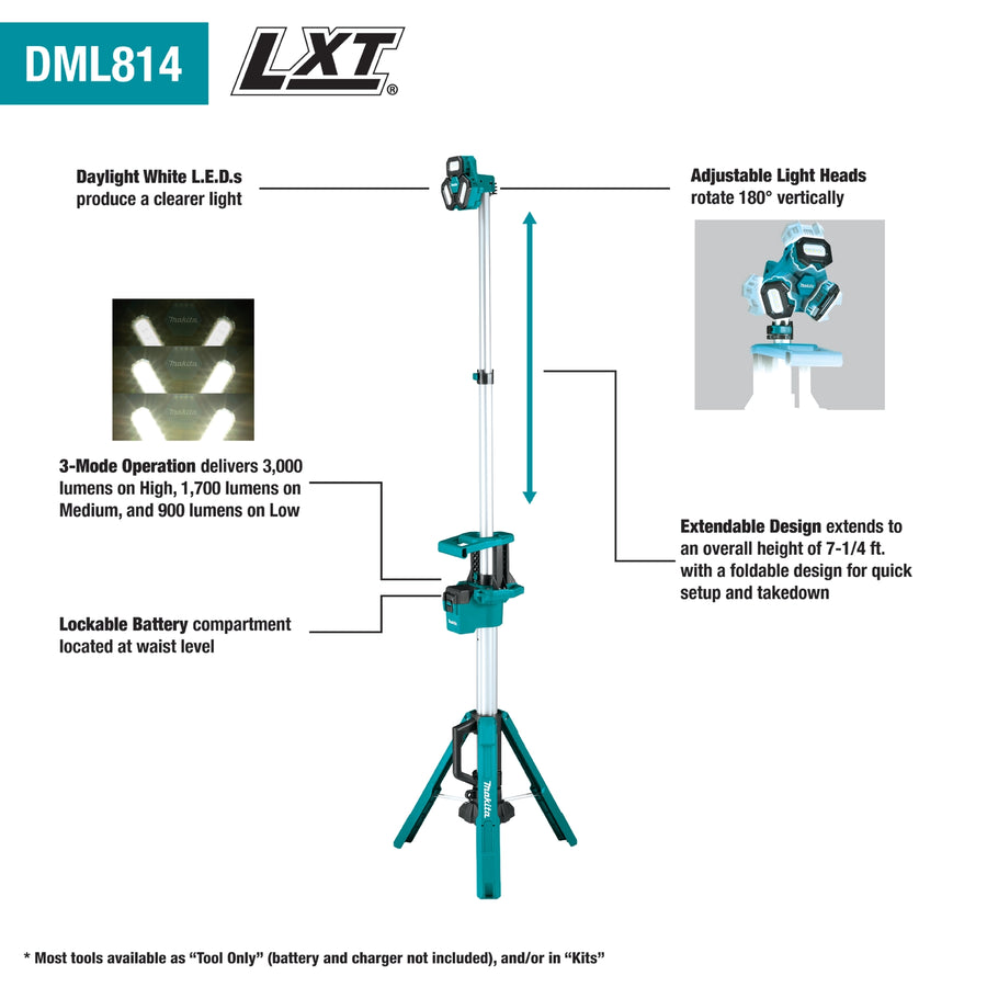 key features of makita 18v lxt cordless tower work light including 3000 lumens output and cordless design
