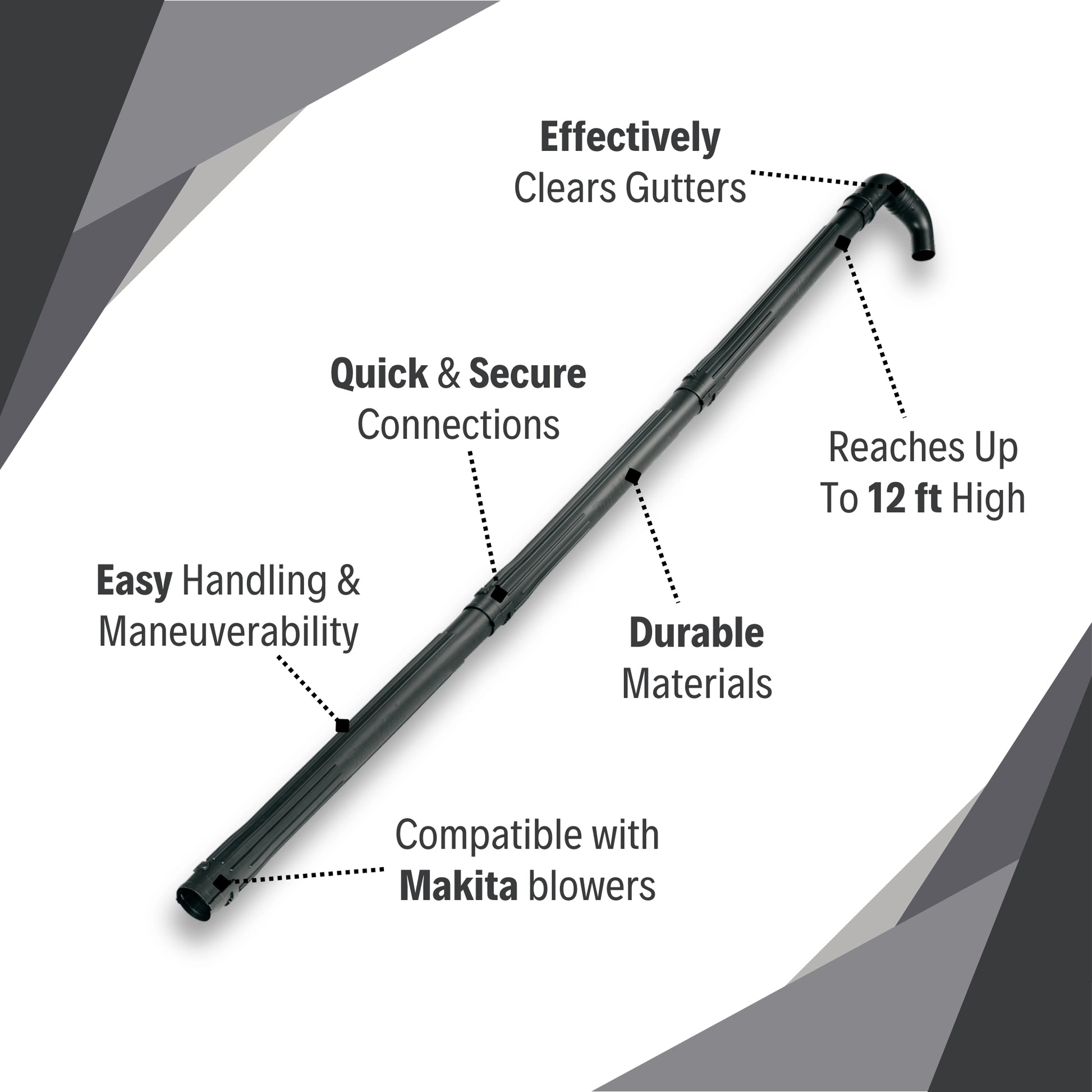 features of makita blower gutter cleaning kit including extension tubes, curved nozzle, and quick-connect system
