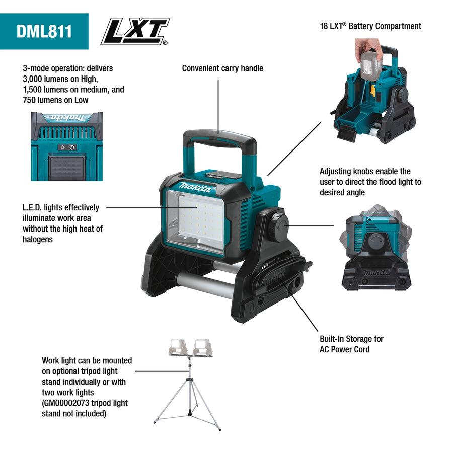 key features of makita dml811 18v lxt led work light including 3000 lumen output and dual power options
