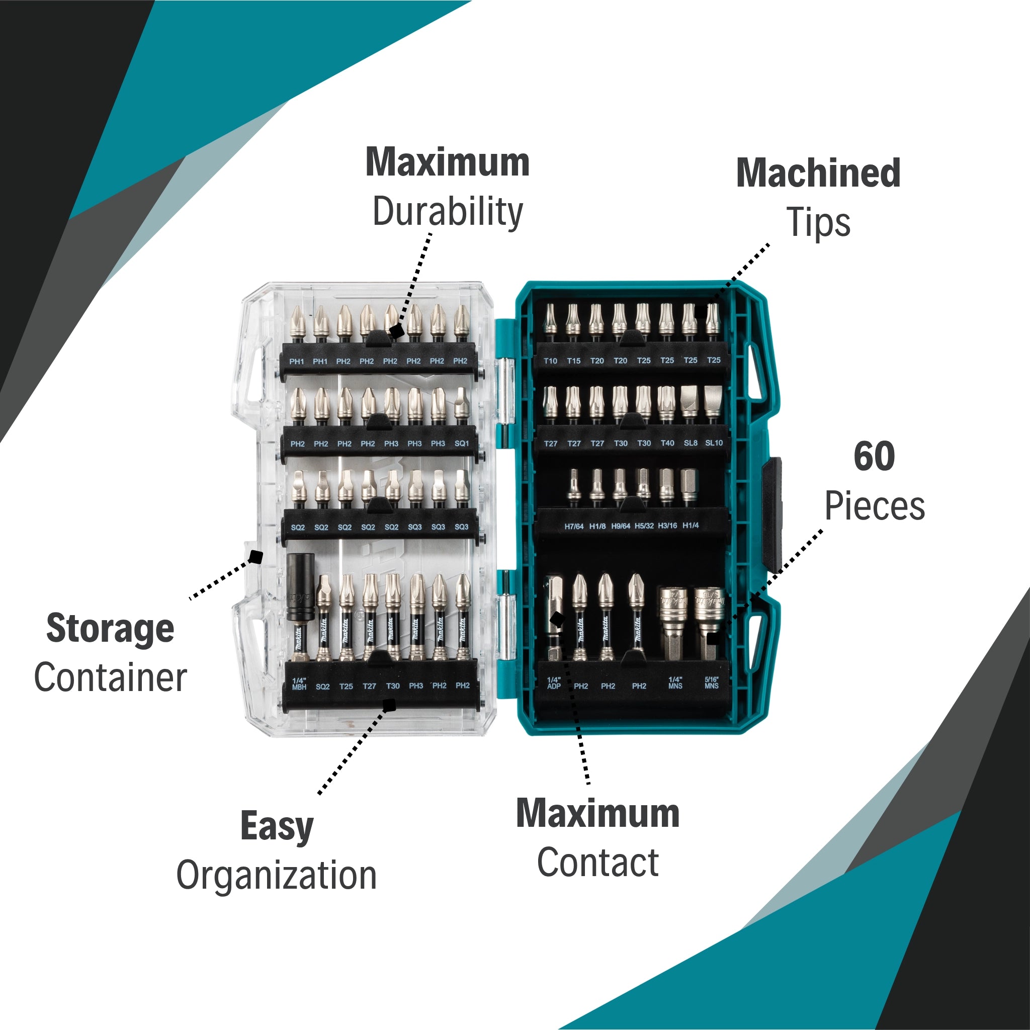 features of makita impact xps 60-piece bit set including bit types and case design
