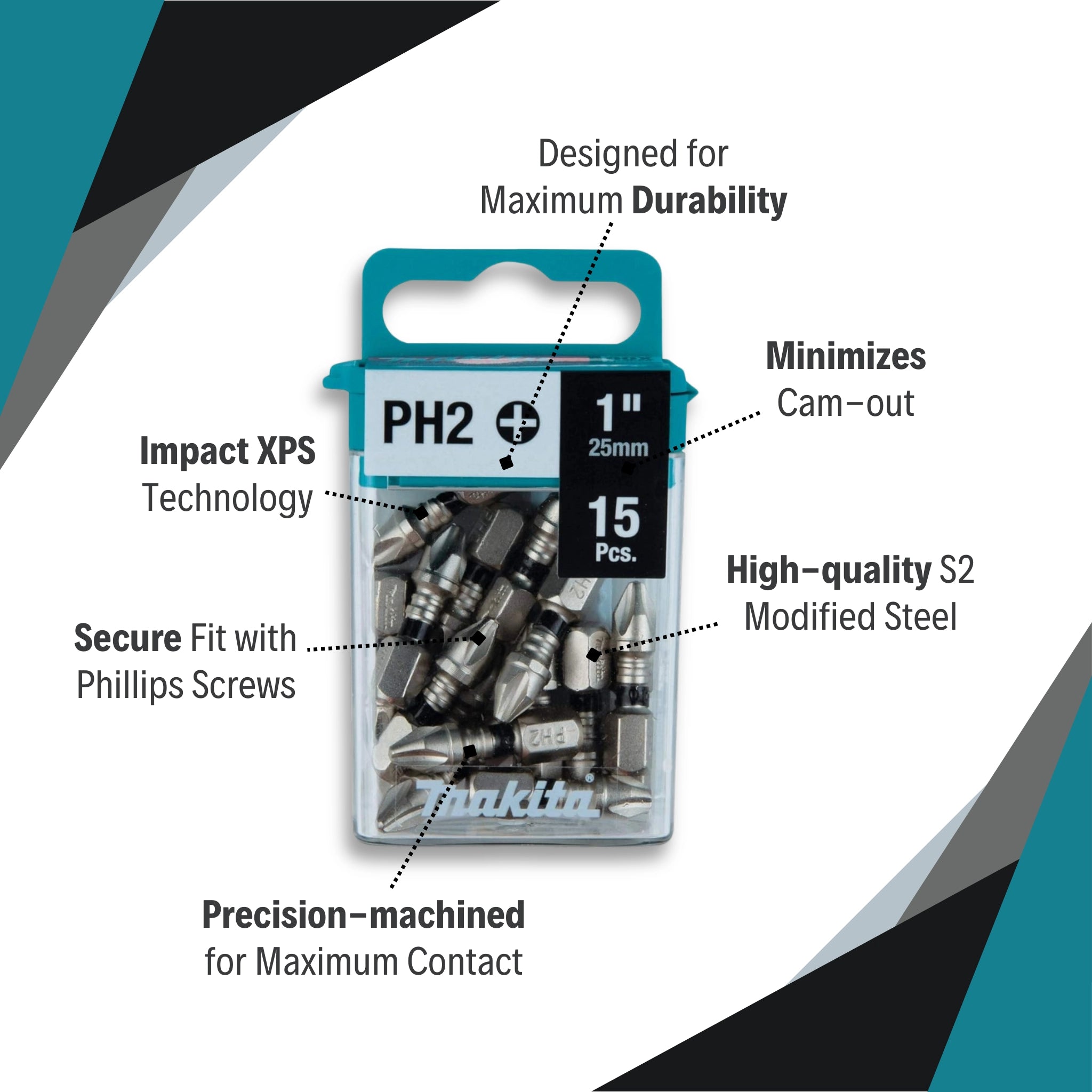 features of makita impact xps phillips #2 bit showing tip design and build quality
