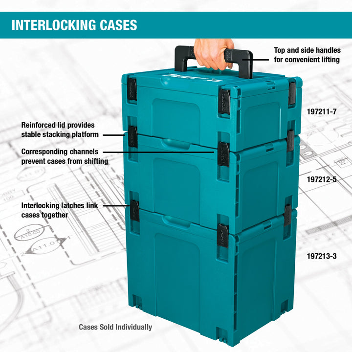 features of makita large interlocking tool case including foam insert and stackability
