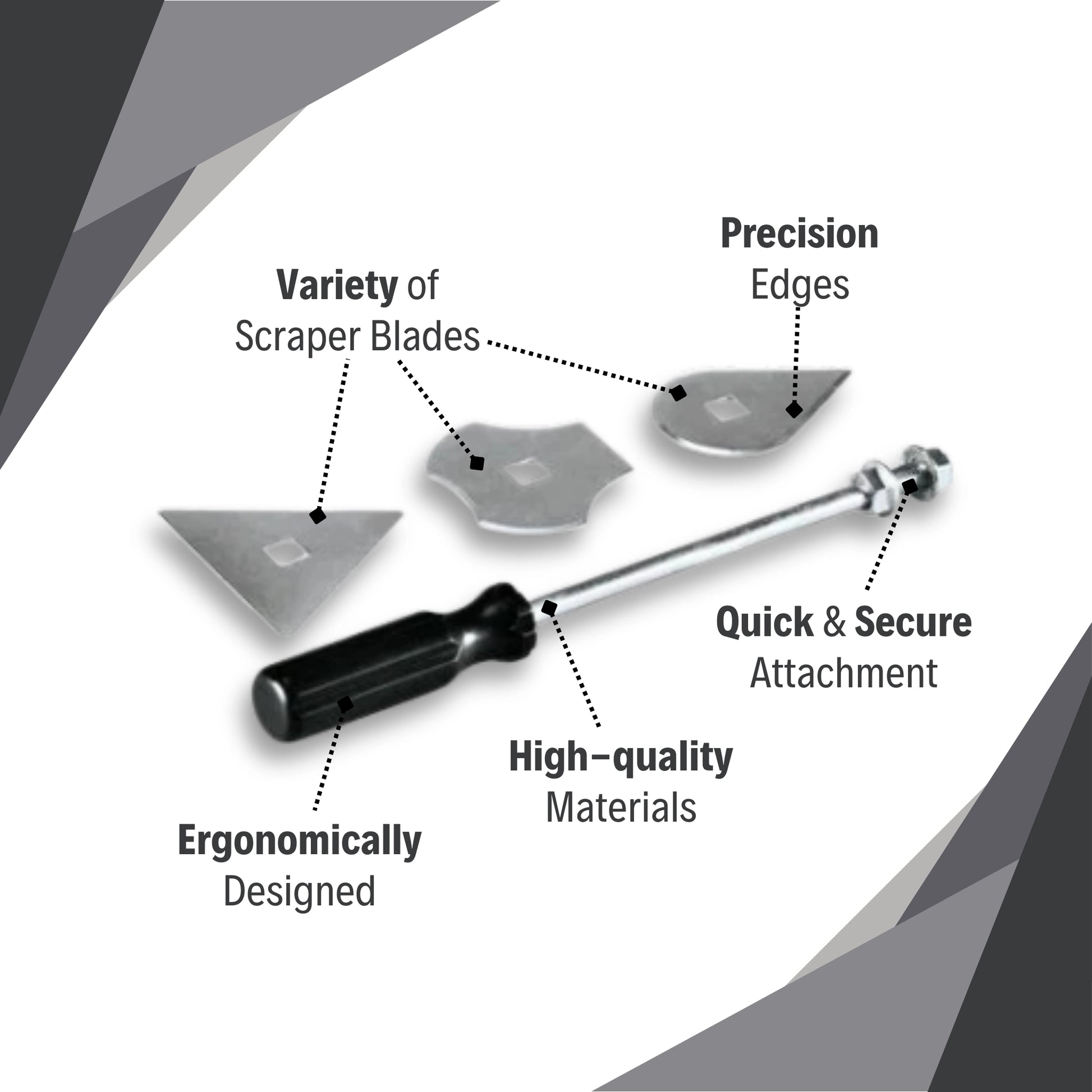 features of makita scraper set showing blade options and ergonomic design
