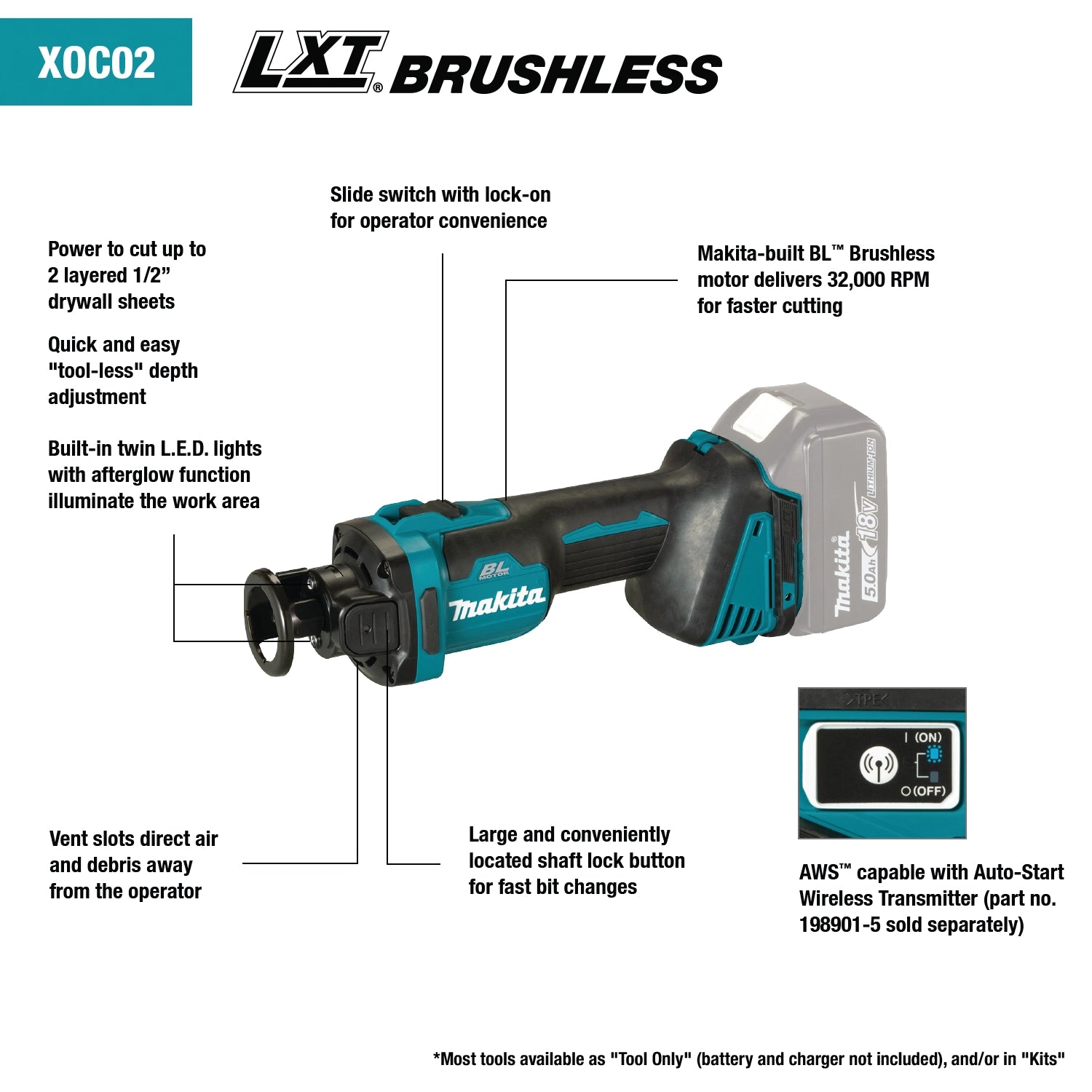 key features of makita xoc02z 18v lxt brushless cordless cut-out tool including 32000 rpm motor and dust port
