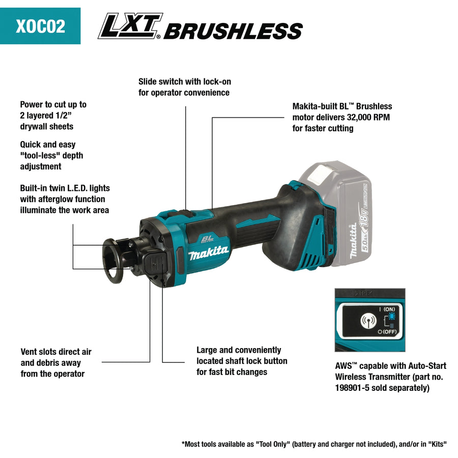 key features of makita xoc02z 18v lxt brushless cordless cut-out tool including 32000 rpm motor and dust port
