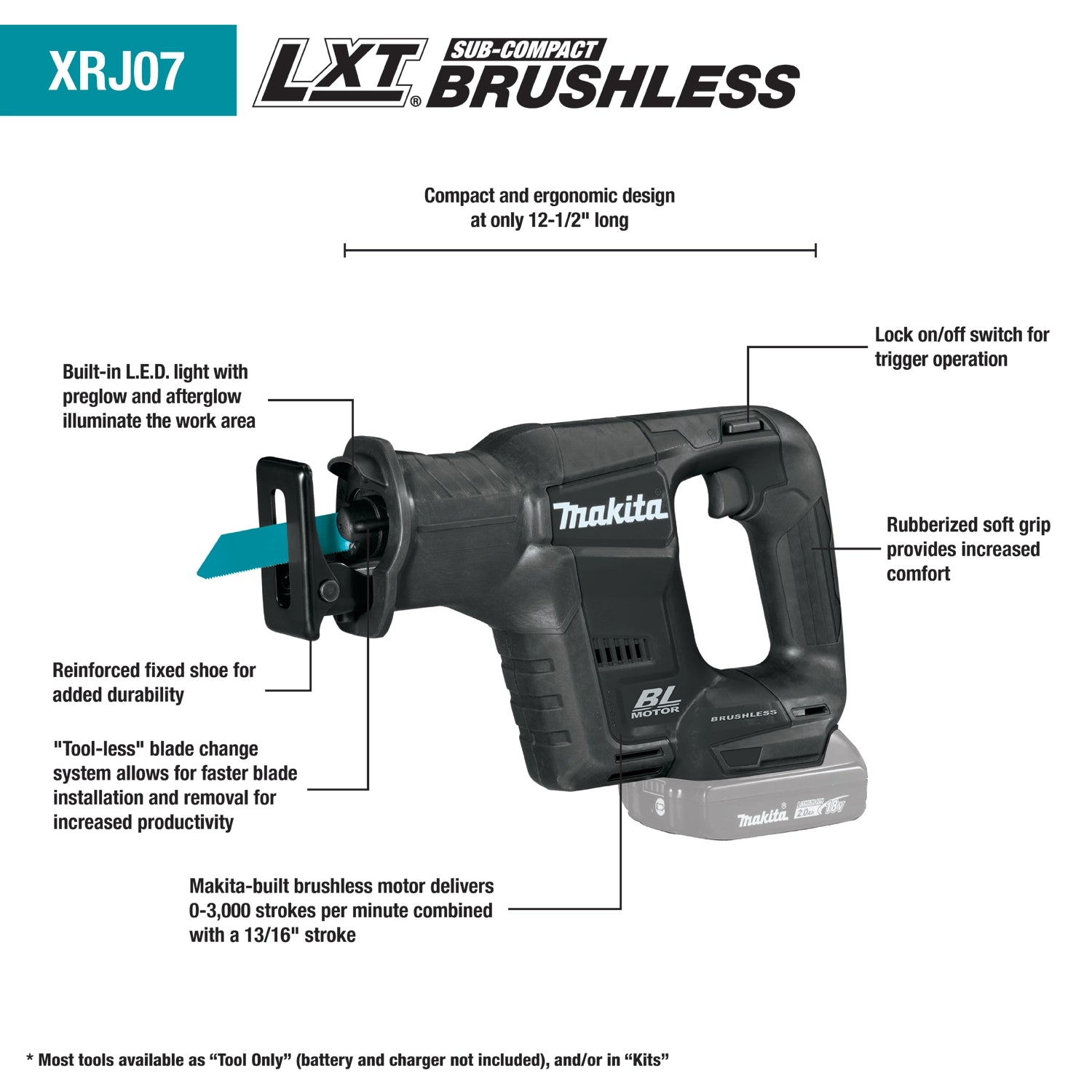 key features of makita xRJ07ZB 18v lxt compact recipro saw including brushless motor and 3000 spm speed
