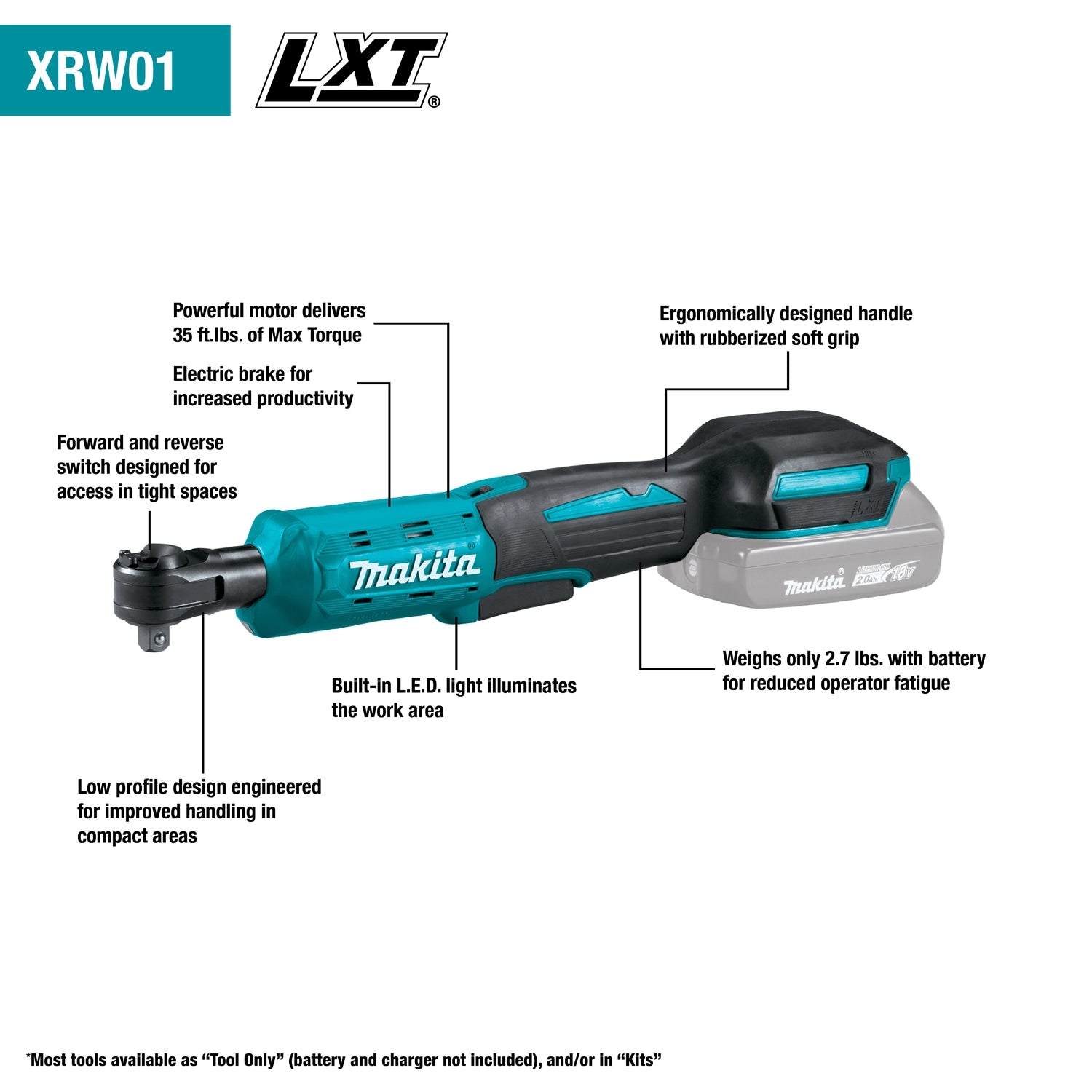key features of makita xrw01z 18v lxt cordless ratchet including dual drive sizes and variable speed
