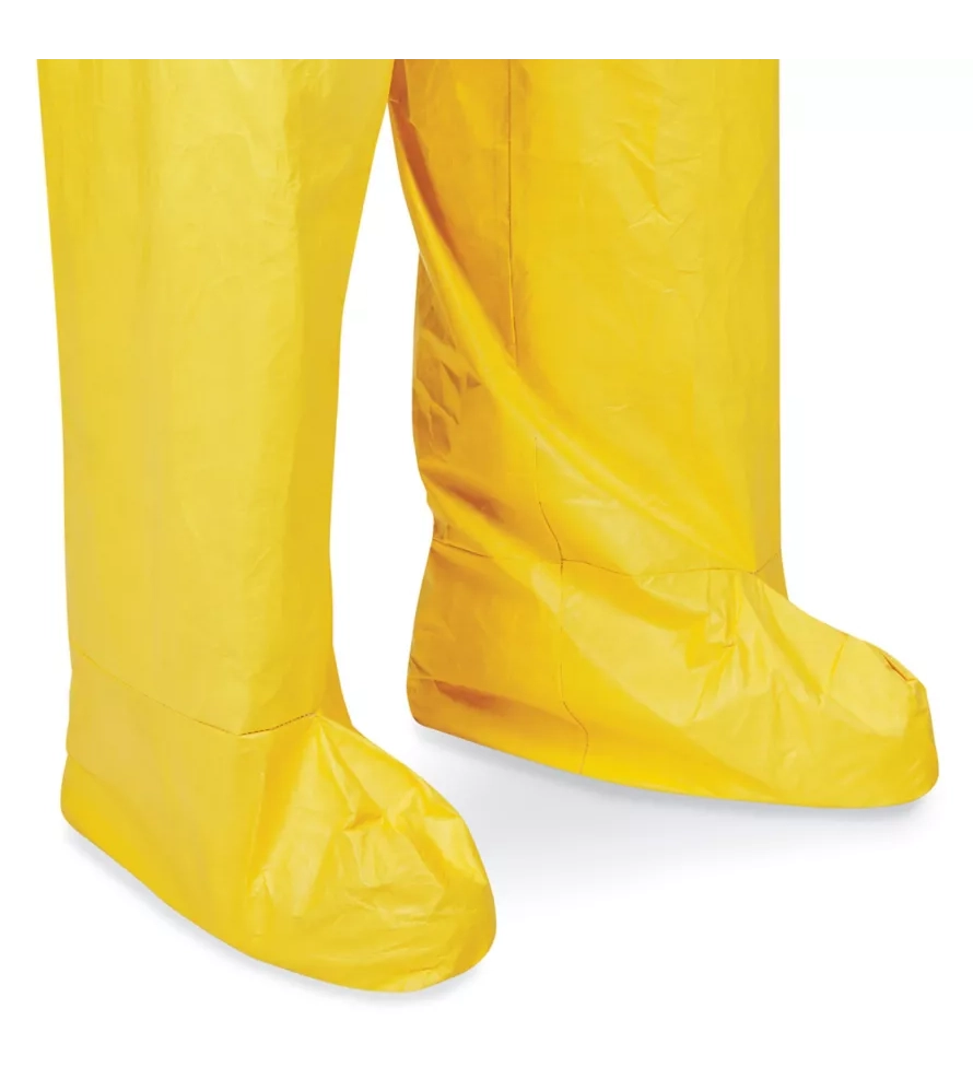 Elastic foot openings of restoration coverall designed for secure fit over boots
