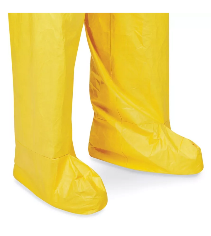 Elastic foot openings of restoration coverall designed for secure fit over boots
