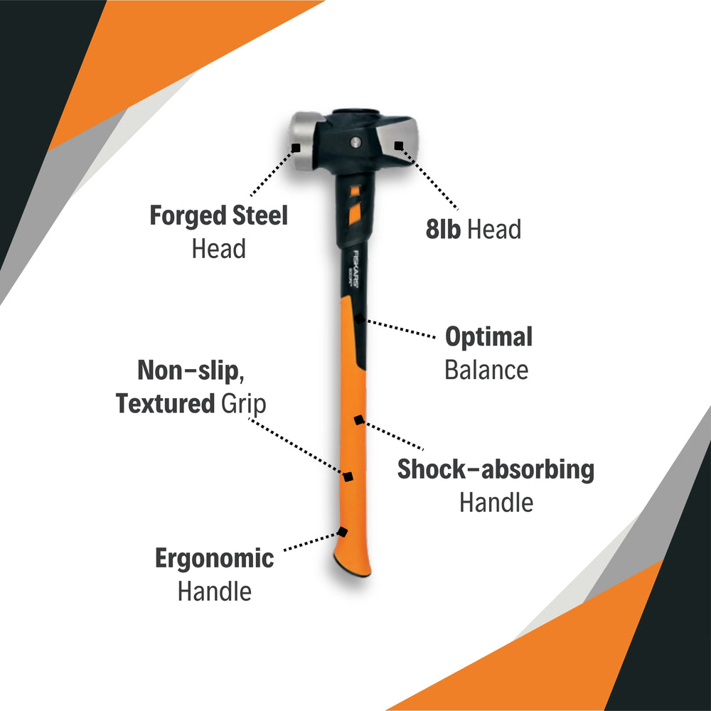 Fiskars 8lb Sledge Hammer with forged steel head and shock-absorbing features
