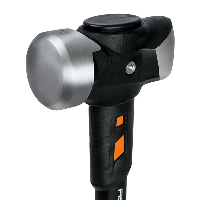 Close-up of forged steel hammer head on Fiskars 8lb Sledge Hammer
