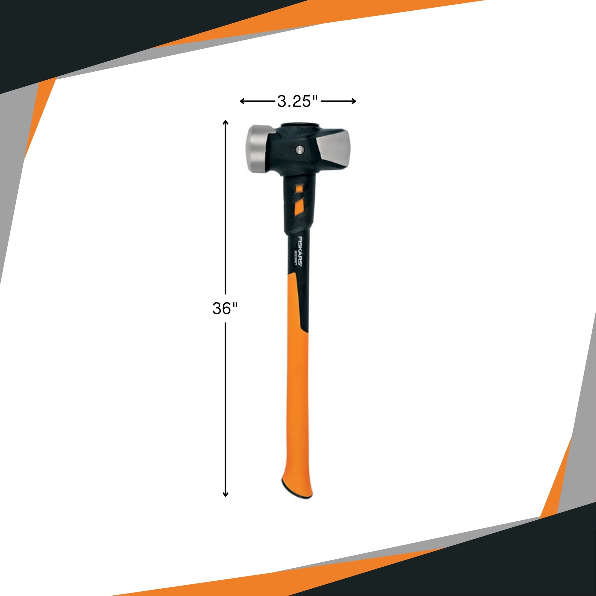 Fiskars 8lb Sledge Hammer placed next to measuring tape for size reference
