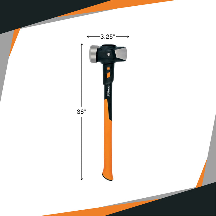 Fiskars 8lb Sledge Hammer placed next to measuring tape for size reference
