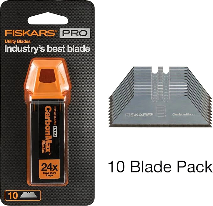 Fiskars CarbonMax utility blades 10 pack with transparent plastic storage case
