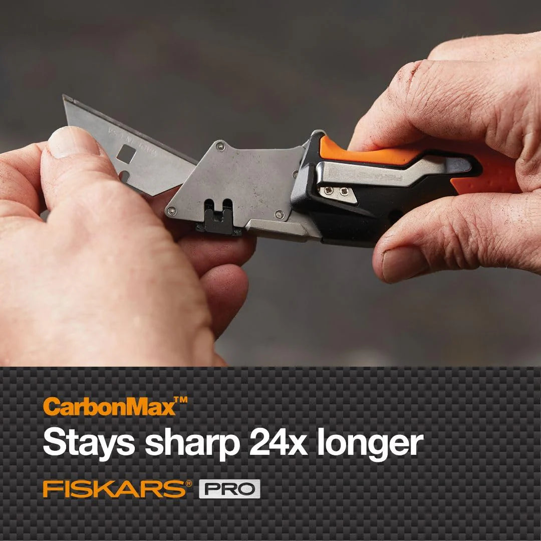 Infographic showing Fiskars CarbonMax blade staying sharp 24 times longer than standard blades
