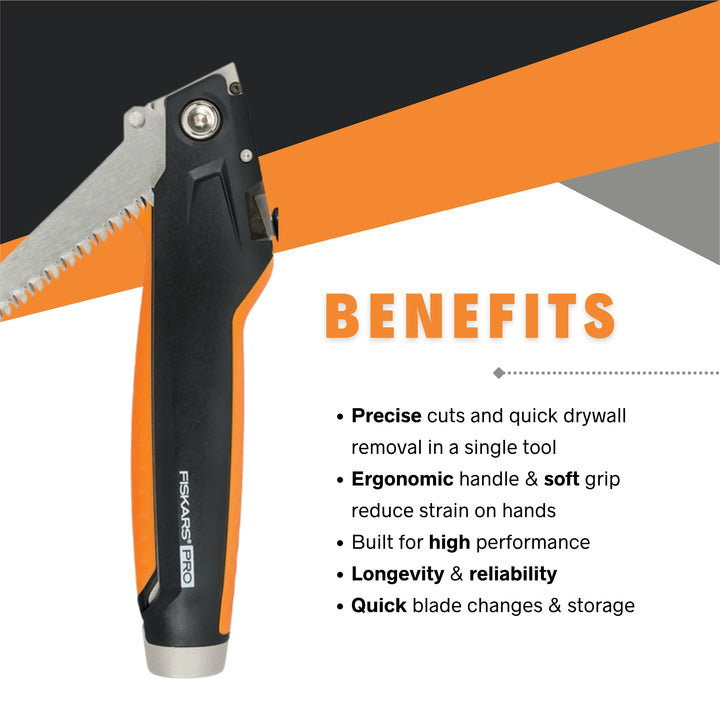 Visual diagram showing ergonomic benefits and dual functionality of Fiskars Drywaller’s Knife/Saw
