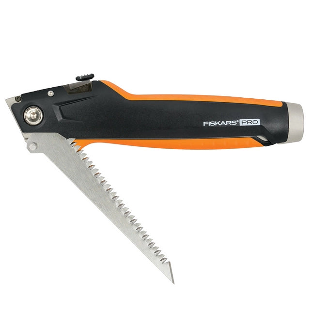 Fiskars Drywaller’s Knife/Saw with drywall saw partially opened from side view
