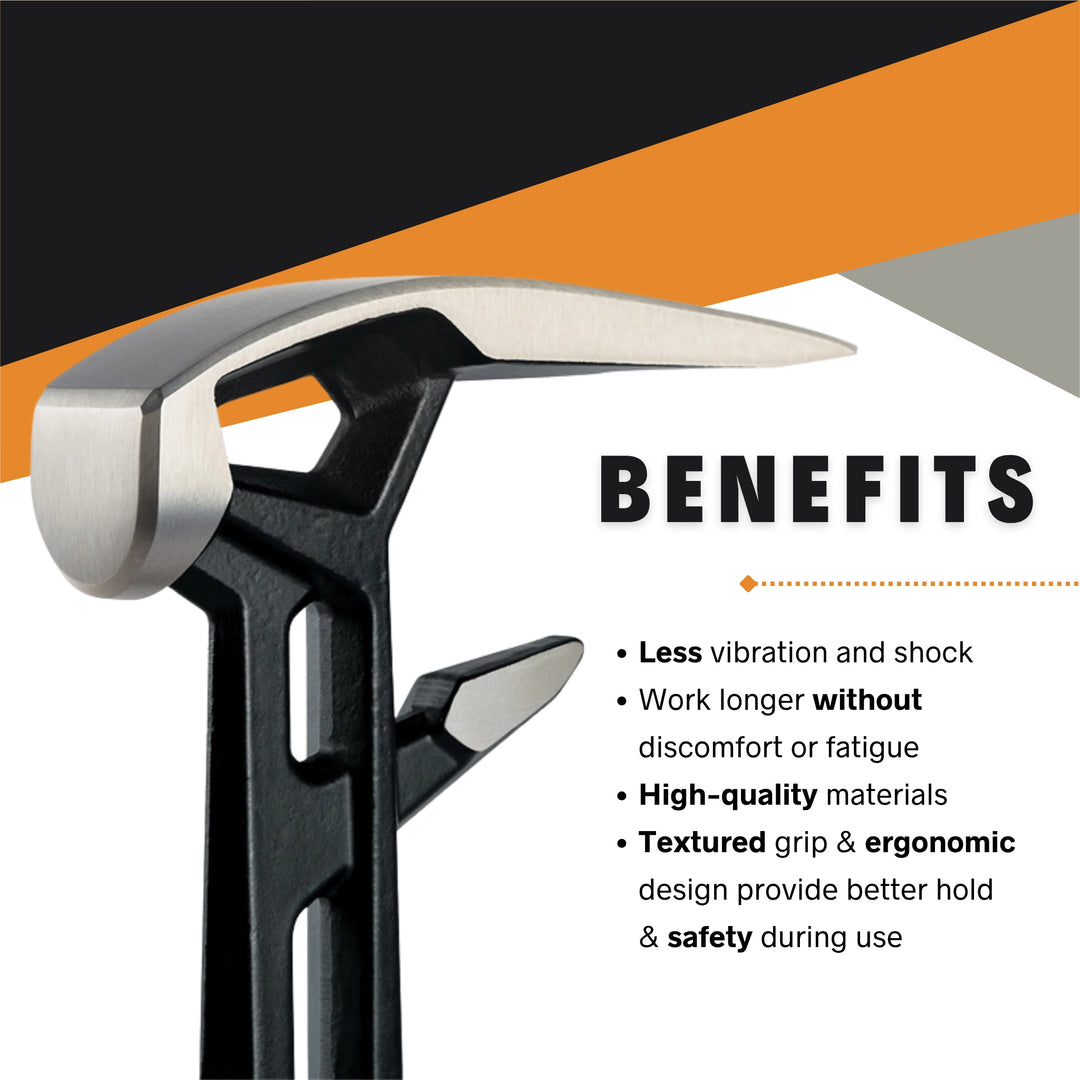 Fiskars demolition tool with text overlays showing ergonomic, anti-vibration, and dual-purpose benefits

