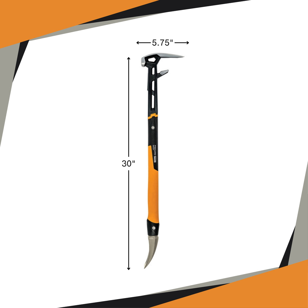 Fiskars demolition tool positioned next to tape measure for length reference
