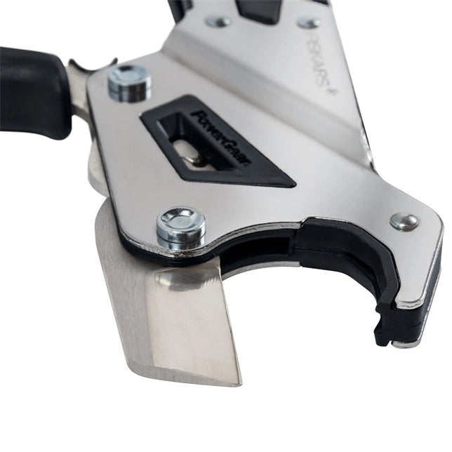 Close-up of open cutter mouth revealing sharp blade and cutting channel
